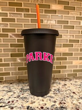 Parker Black Tumbler with Pink Logo and Orange Straw